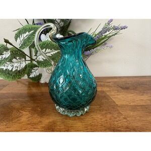 Vintage Diamond Quilted Teal Glass Pitcher Clear Applied Handle Hand-Blown‎ Jug